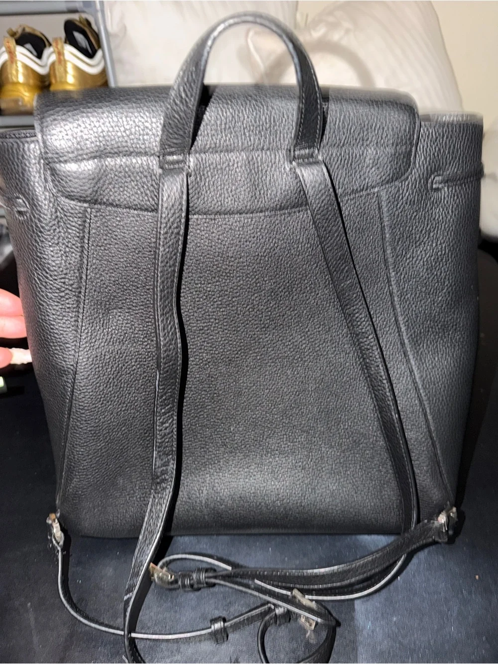 kate spade Black Pebbled Leather Backpack with Gold Logo